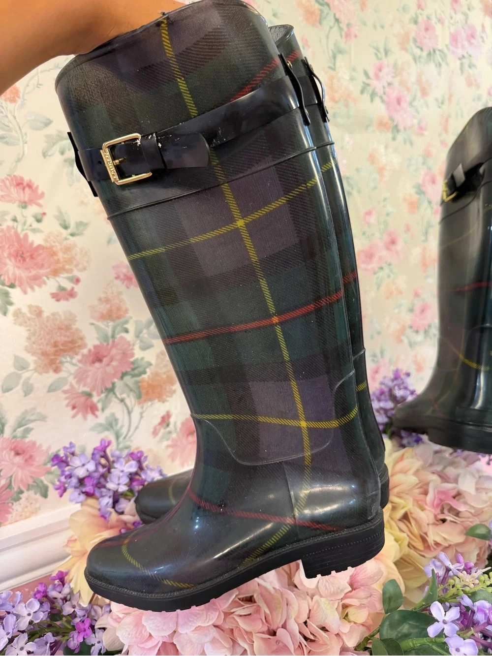 Ralph Lauren Dark Green Plaid Over-the-Knee Rain Boots